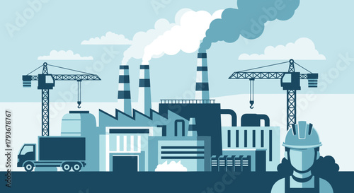 Industrial factory site illustration with construction cranes smokestacks truck and engineer