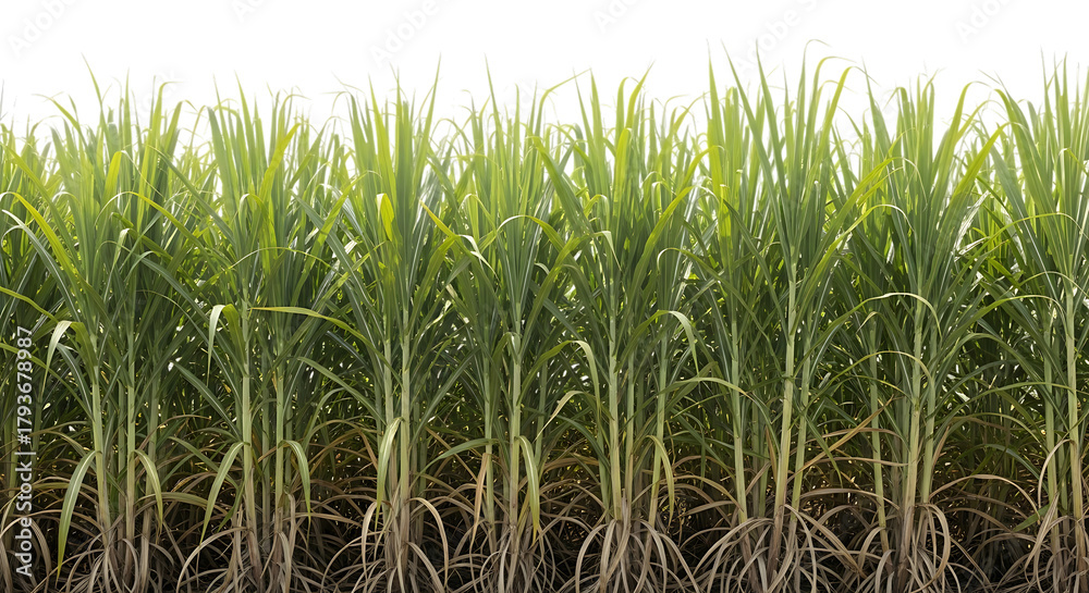Obraz premium Tall green sugarcane stalks with visible roots and dry leaves, isolated on a transparent background, cutout, PNG