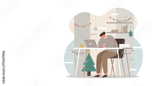 Remote worker busy with deadlines during the festive season holiday work stress illustration