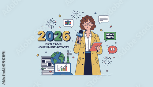 Journalist reporting news for New Year 2026 Global media communication and activity illustration