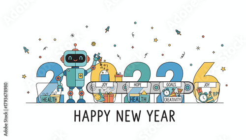 Happy New Year 2026 design AI robot delivers resolutions joy hope health on a tech conveyor belt