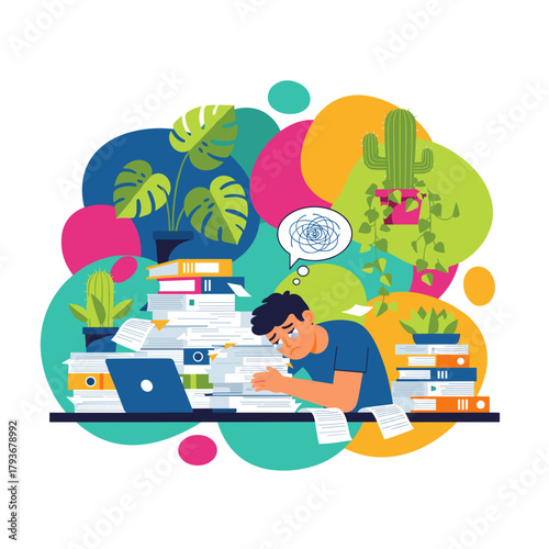 Overwhelmed office worker stressed by pile of documents and huge workload