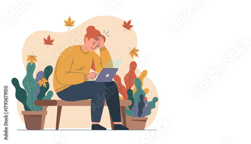 Remote worker feels stress and frustration outdoors dealing with a headache and technical issues