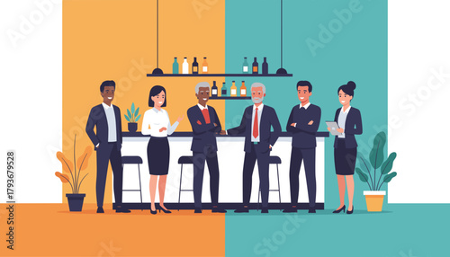 Diverse business team networking happily in a modern bar setting Corporate socializing illustration