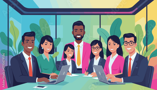 Smiling diverse business team collaborates in a colorful modern office meeting room