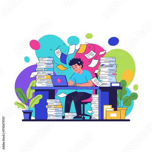 Overwhelmed employee stressed by massive paperwork and office workload illustration