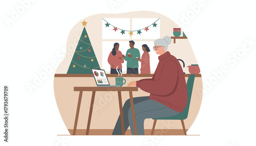 Senior working on a laptop at a festive home desk while others chat by the window