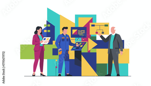 Business executives and engineer planning industrial workflow and data management