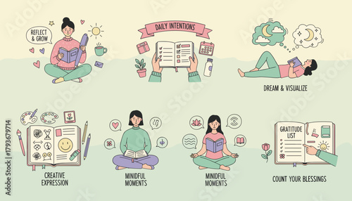 Vector set of mental wellness routines journaling mindfulness creative expression planning and growth