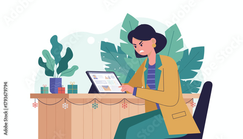 Angry businesswoman facing deadlines during the festive season Work stress illustration