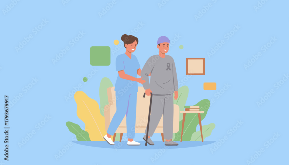 Fototapeta premium Supportive nurse helping patient with cane walk indoors Elder care home health and recovery illustration