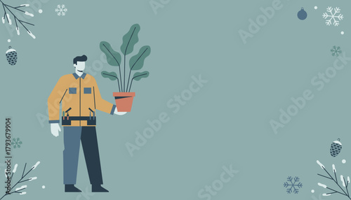 Illustration of a worker holding a potted plant during winter framing the design space