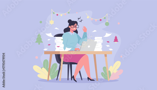 Corporate burnout Businesswoman stressed by paperwork overload during the busy holiday season