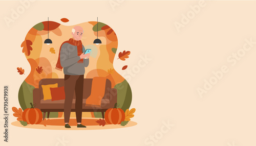 Anxious senior man holding a smartphone in a cozy autumnal living room interior