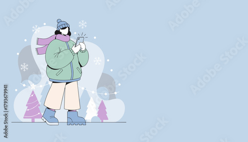 Illustrated traveler uses smartphone in festive winter park Holiday technology and leisure