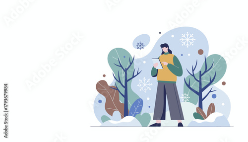 Woman using a digital tablet in a cozy stylized winter landscape with trees and falling snow