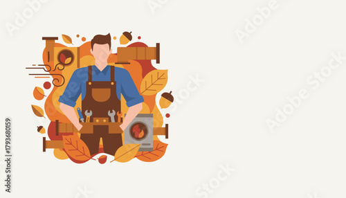 Professional heating technician with tools surrounded by autumn leaves and pipes Fall service
