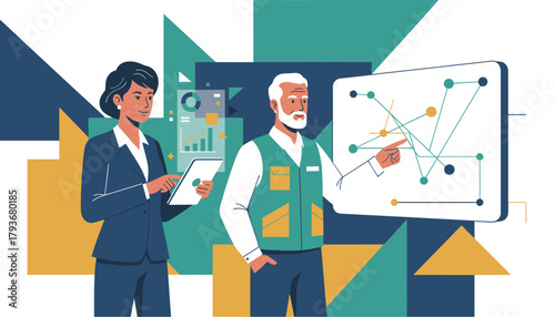 Business professionals collaborating on data analysis charts and strategy Modern illustration