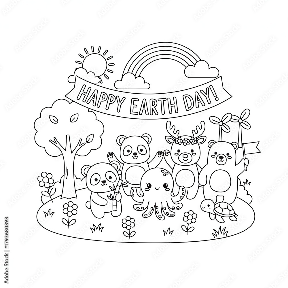 Fototapeta premium Happy Earth Day coloring page with animals