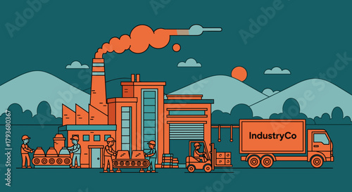 Stylized factory production line with workers forklift and delivery truck