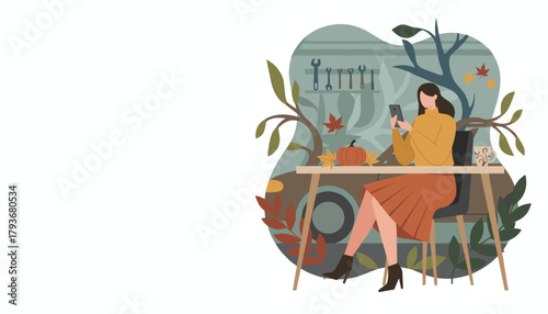 Stylish woman using phone at an autumn desk setup with tools and foliage Remote work concept