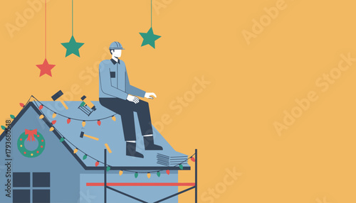 Worker installing Christmas lights and decorations on a house roof Seasonal home maintenance illustration