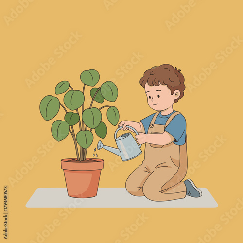 Smiling child watering a Pilea houseplant in a pot demonstrating care and gardening hobby