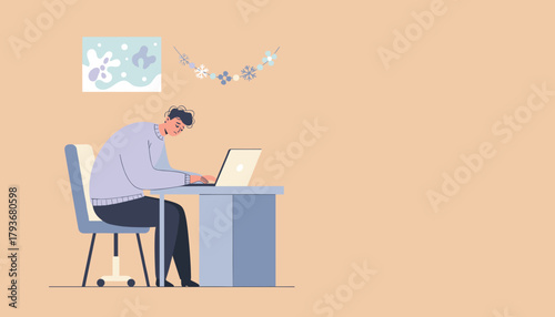 Stressed man suffering from burnout working on laptop at a desk during the winter season
