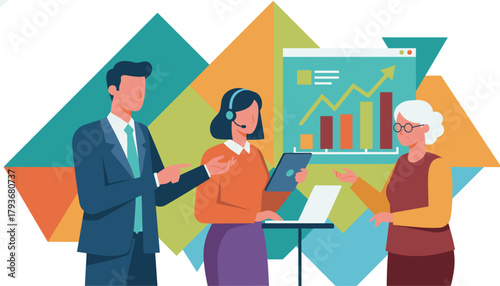 Business team analyzing growth data and consulting Flat vector illustration