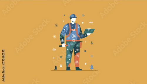 Illustration of a winter roofer holding a hammer and snowy tiles focusing on cold weather construction work