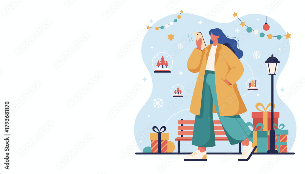 Fototapeta premium Woman using smartphone while holiday shopping amidst Christmas decorations and gifts