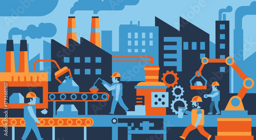 Busy industrial factory production line with workers machinery and smokestacks