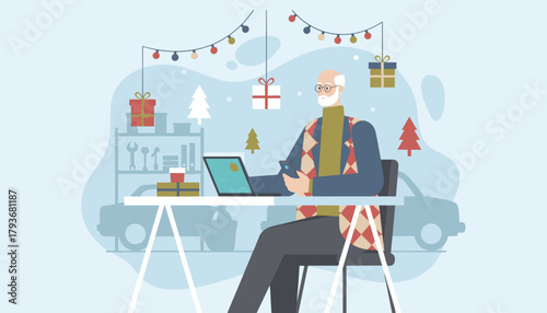 Older man using technology while working remotely in a Christmasdecorated garage