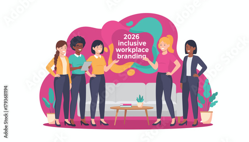 Diverse women planning 2026 inclusive workplace branding strategy in a modern office lounge