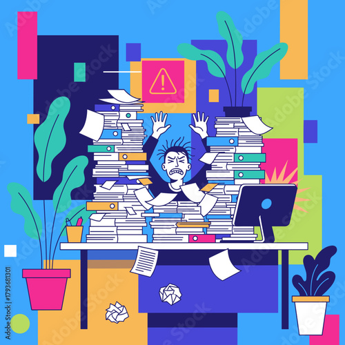 Flat vector illustration of stressed worker drowning in documents and deadlines