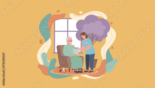 Caregiver serving coffee to a senior man at home Elderly assistance and health support concept