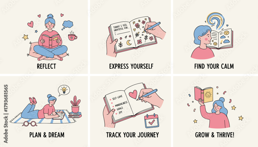 Fototapeta premium Selfcare routine illustrations reading journaling planning goals and personal development steps