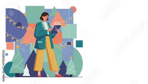 Modern woman using a tablet for holiday planning with abstract festive geometric shapes