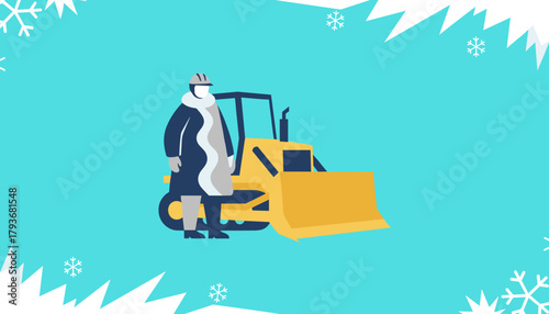 Heavy machinery operator ready for snow removal with a yellow bulldozer in a flat graphic illustration