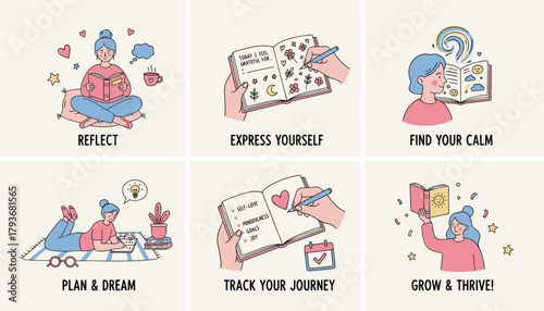 Selfcare routine illustrations reading journaling planning goals and personal development steps