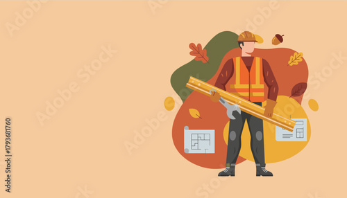 Professional builder with tools and plans Fall construction engineering and maintenance service