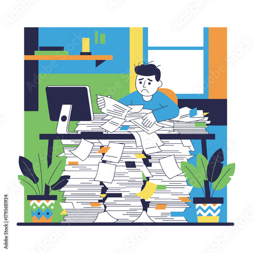 Overwhelmed office worker buried in a massive pile of paperwork and documents