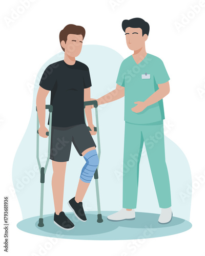 Physical therapy session showing an injured patient using crutches receiving attentive care from a healthcare professional in a calm clinical setting focused on mobility recovery