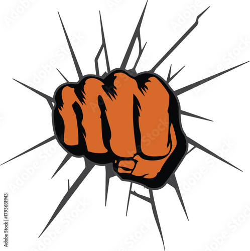 Fist punching through wall graphic with orange and black colors