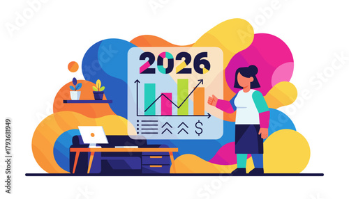 Businesswoman presenting 2026 financial growth chart Annual planning and success projection vector
