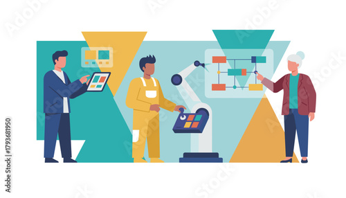 Industry 40 team managing robotic automation and data flow for smart production