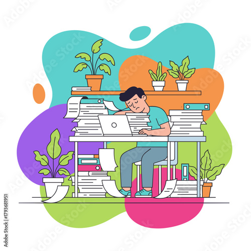Illustration of an overwhelmed worker sleeping amidst stacks of paper and heavy workload