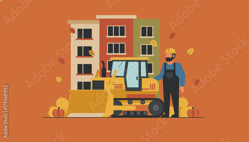 Bulldozer and construction worker in flat autumn illustration symbolizing housing development