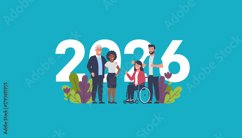 Diverse business team celebrating 2026 Inclusion and happy teamwork for the future