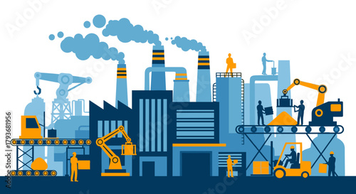 Manufacturing facility illustration showing production automated machinery workers and emissions